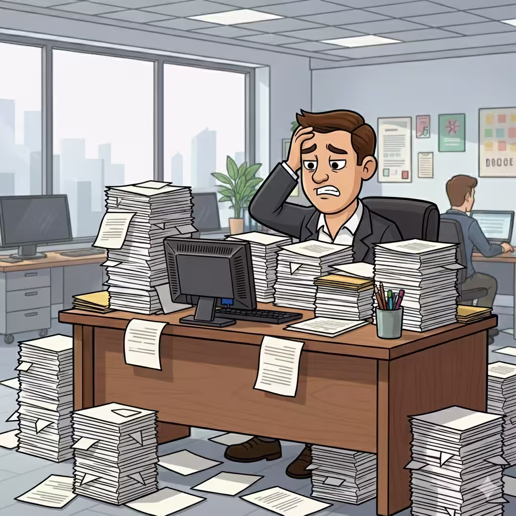 Before Bonehead - stressed business owner drowning in paperwork
